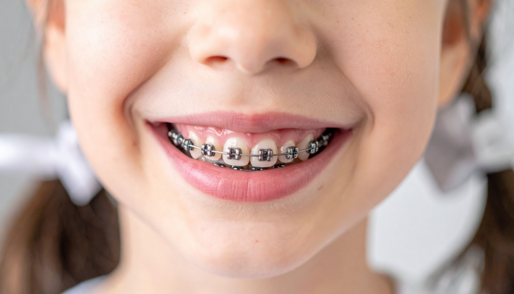 Close-up of a young girl's mouth smiling, showing metal braces on the upper teeth with pink lips visible
