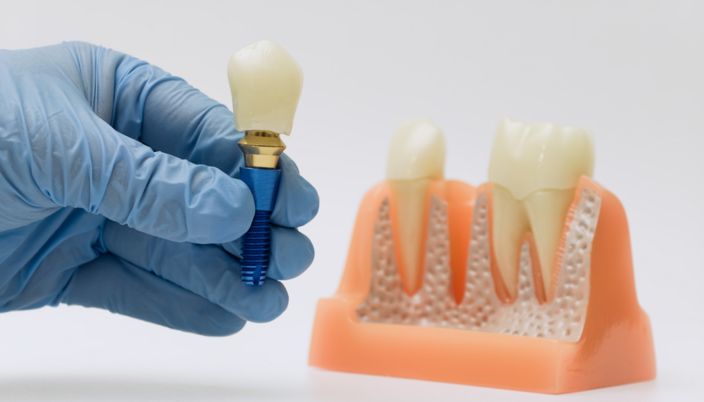 dental-implant-vs-bridge-dana-street-dental | Dana Street Dental Gloved hand inserts a dental implant abutment and crown beside a jaw model with teeth.